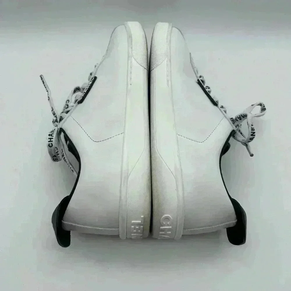 Chanel White Leather Casual Sneakers: Women's Size 36.5 Logo Laces CC